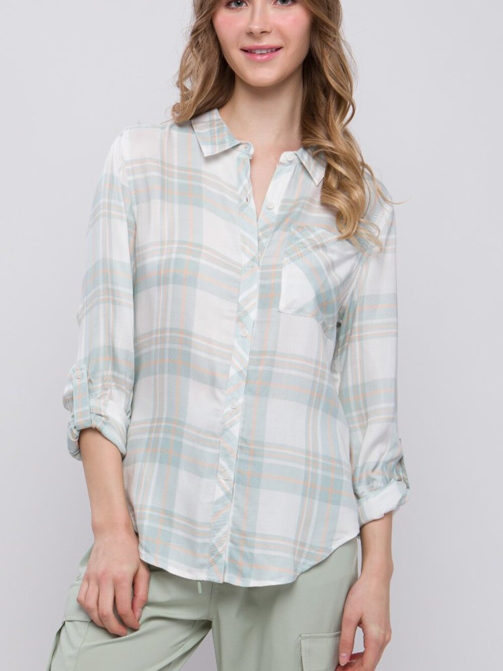 Lightweight Plaid Button-Up Top - Mint Green